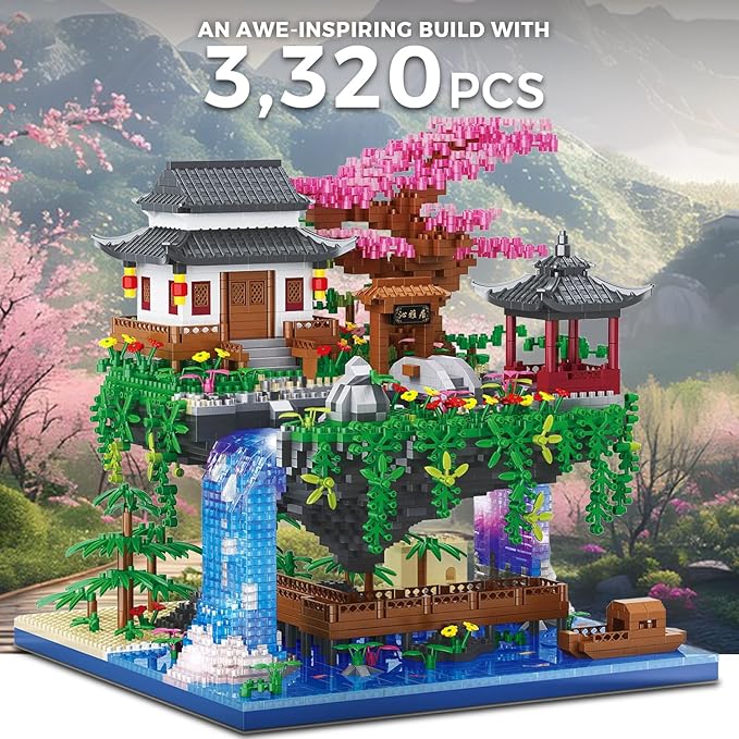 Peach Blossom Pond Micro Building Blocks Set Toys for Kids and Adults, Mini Cherry Bonsai Tree House with LED String Lights DIY Japanese Sakura Street Model Chinese Bricks Architecture Kit Teens Gift