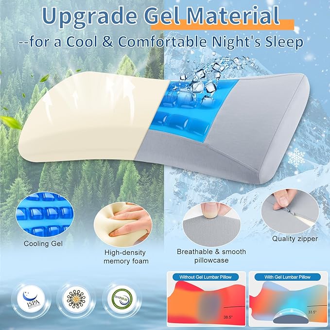 Cooling Lumbar Support Pillow for Bed Relief Lower Back Pain: Memory Foam Back Pillow for Sleeping - Gel Waist Wedge Pillow Side&Back and Stomach Sleepers - Lumbar Pillow for Office Chair/Couch/Car