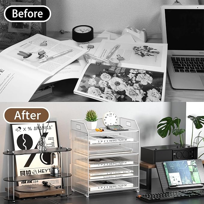 6 Tier Desk Organizer, Heavy-Duty Thick Metal Letter Tray Organizer, Large Capacity Desktop File Organizer for Heavy Files, Easy to Assemble for Home, Office & Classroom,Black,White