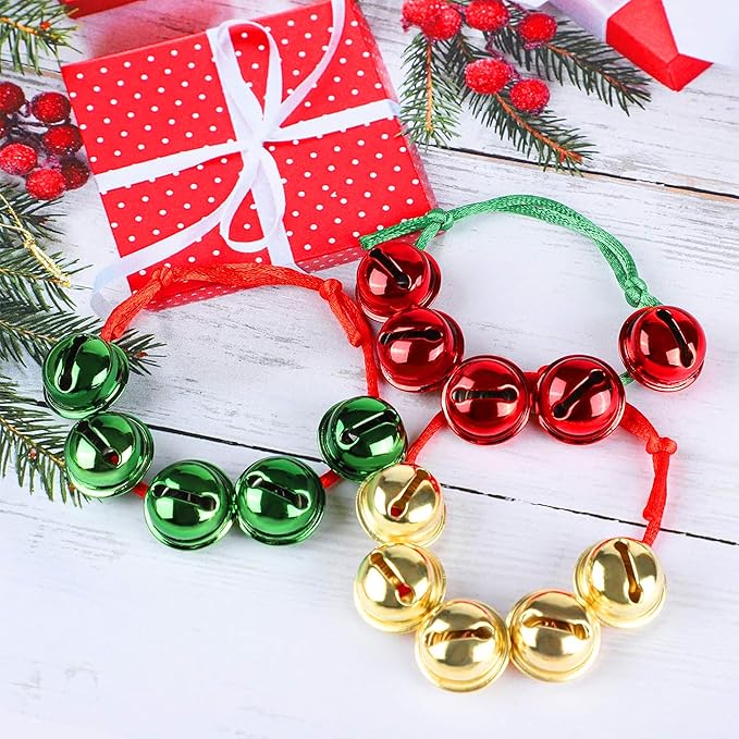 Cooraby 24 Pieces Assorted Colors Christmas Jingle Bell Bracelets Adjustable Christmas Bracelets with Metal Bells for Holiday Party Favors