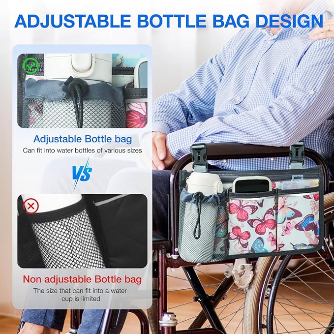 Wheelchair Bag, Walker Bag, Wheelchair Side Bag, Armrest Organizer Pouch with Cup Holder Attachment and Reflective Strip, Accessories for Most Wheelchairs, Walker, Rollators, Butterfly