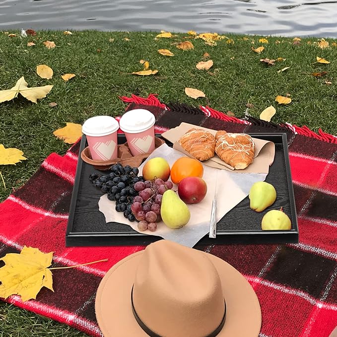 24 x 16 Inches Extra Large Solid Wood Serving Tray for Tea Coffee Table Snack Food Meals Serving Plate Kitchen Party Bar Breakfast Server with Raised Edges Black Wooden Decorative Ottoman Tray