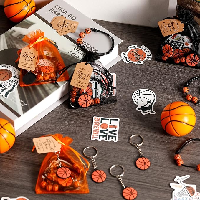 Basketball Party Favor Set Basketball Gift Bulk Charm Bracelets Keychains Sticker Organza Bags Thank You Tags for Basketball Team Party Supplies Boy Girl Classroom Reward Decoration Outdoor(130 Pcs)