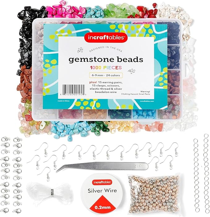 Incraftables 1000pcs Chip Crystal Beads (24 Colors Gemstones). Best Rock Beads for Jewelry Making, Rings & DIY Crafts. Bulk Natural Stone Chip Beads w/Spacer Bead, Earrings & Bracelet Wire (6-9 mm)