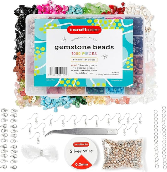 Incraftables 1000pcs Chip Crystal Beads (24 Colors Gemstones). Best Rock Beads for Jewelry Making, Rings & DIY Crafts. Bulk Natural Stone Chip Beads w/Spacer Bead, Earrings & Bracelet Wire (6-9 mm)
