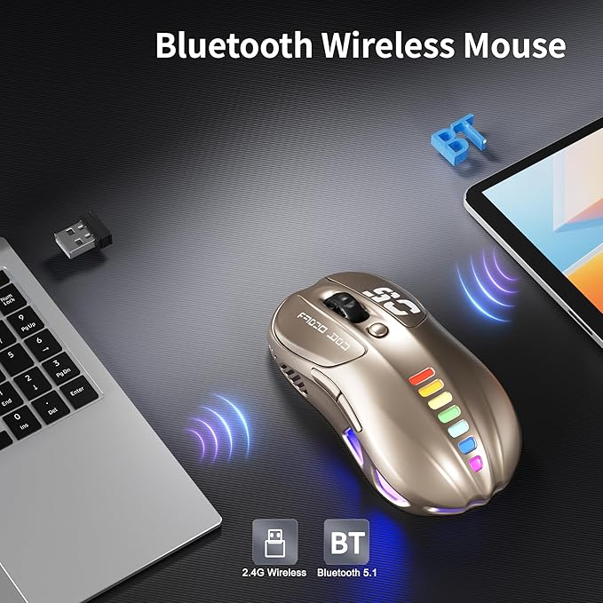 Uciefy Wireless Bluetooth Mouse, Dual Mode (BT5.1&2.4GHz) Rechargeable LED Wireless Mouse, Ergonomic Computer Mice for Laptop/PC/Mac-Bronze