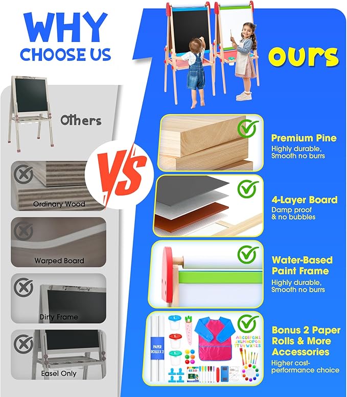 Art Easel for Kids, 3 in 1 Adjustable Double Sided Kids Easel with Magnetic Whiteboard, Chalkboard, 2 Paper Rolls and Accessories, All in One Wooden Toddler Easel, Art Easel for Kids Ages 2-4 4-8 8-12