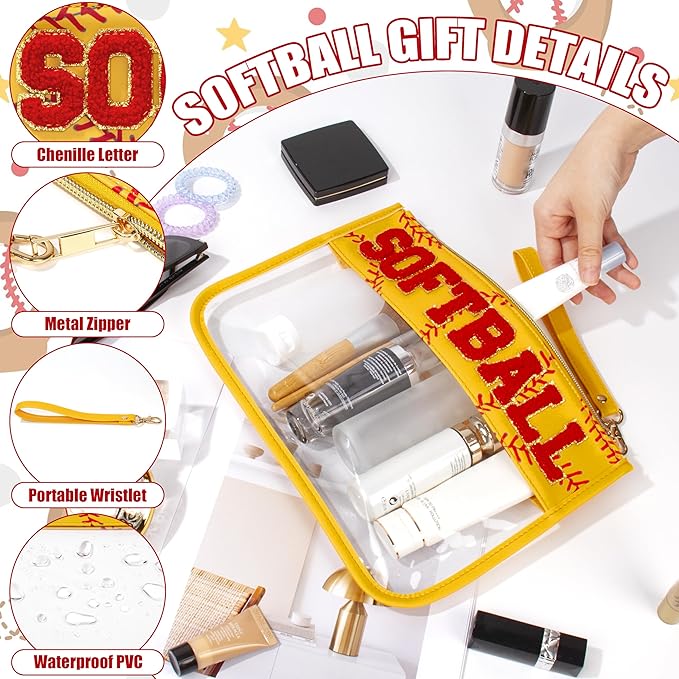BuyCard Softball Gifts Makeup Bag with Chenille Letter Patch, Clear Cosmetic Pouch PVC Organizer Purse, Waterproof Travel Bag, Portable Toiletry Storage Bag for Her Friends