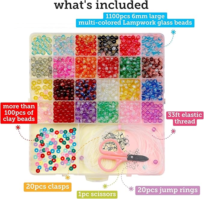 Incraftables Crackle Glass Beads 1100pcs 24 Colors. Crystal Beads for Jewelry Making Kit (6mm) for Bracelets Making for Kids & Adults with Elastic String & Organizer.