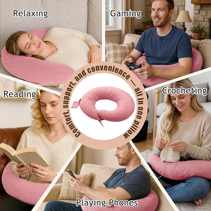 XWZO Reading Pillow for Gaming, Crocheting or Playing with Strong Arm Support, Gaming Pillow for Arm Rest When Sitting in Bed & Sofa, Lap Pillow Swen with Tiebacks and Side Pocket, Pink