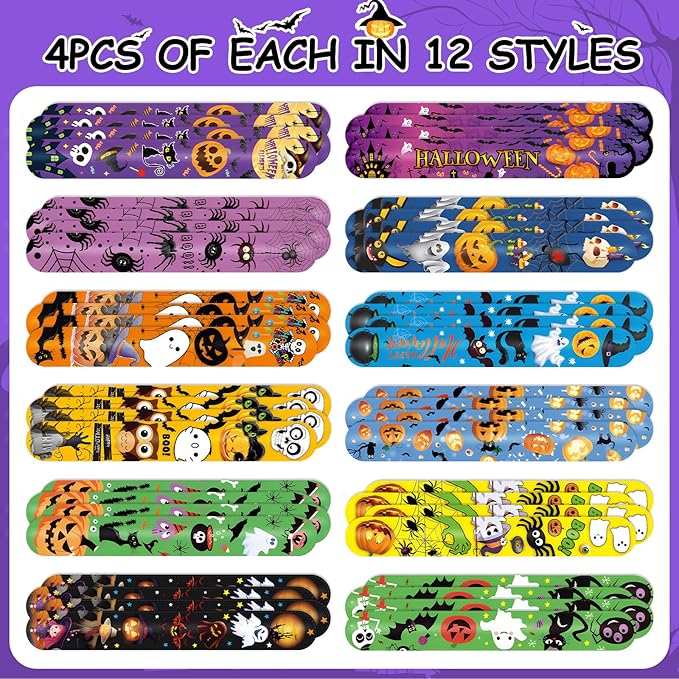 48 Pieces Halloween Slap Bracelets Bulk Party Favors for Kids - 12 Designs Snap Bracelets for Halloween Decorations, Halloween Goodie Treat Bag Stuffers Classroom Prizes Exchanging Gifts Supplies
