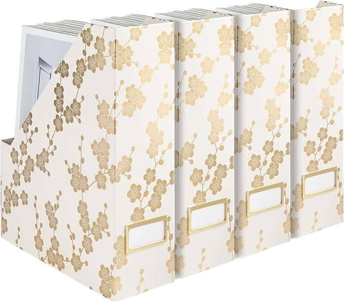 BLU MONACO | Set of 4 Foldable Magazine Storage Boxes with Gold Floral Pattern | Decorative Vertical File Organizers with Gold Label Holders for Desk, Shelves & Home Office