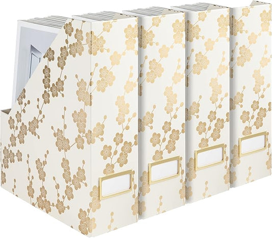 BLU MONACO | Set of 4 Foldable Magazine Storage Boxes with Gold Floral Pattern | Decorative Vertical File Organizers with Gold Label Holders for Desk, Shelves & Home Office