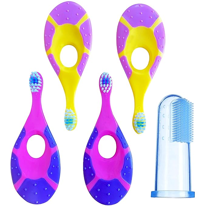 Trueocity Baby Toothbrush 4 Pack & Bonus Silicone Finger Brush, Soft Bristles, Toddler Toothbrushes, Infant & Training w/Teething Handle, 0-2 Years, Pink Set