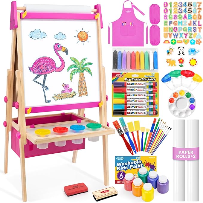 Art Easel for Kids Easel for Toddlers, Adjustable Wooden Kids Drawing Easel with Magnetic Whiteboard & Chalkboard, Kids Dry Erase Board, Easel for Kids Ages 3 4-8 9-12, Pink w/Bag