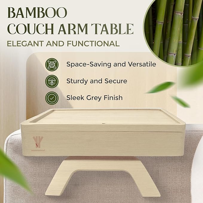 Bamboo Couch Arm Table, Sofa Arm Tray, 360 Rotating Table, Clip On Side Table for Couch, Perfect Size for Remotes, Storage and Includes 4 Bonus Coasters, 13x9.25x2.5in, Natural