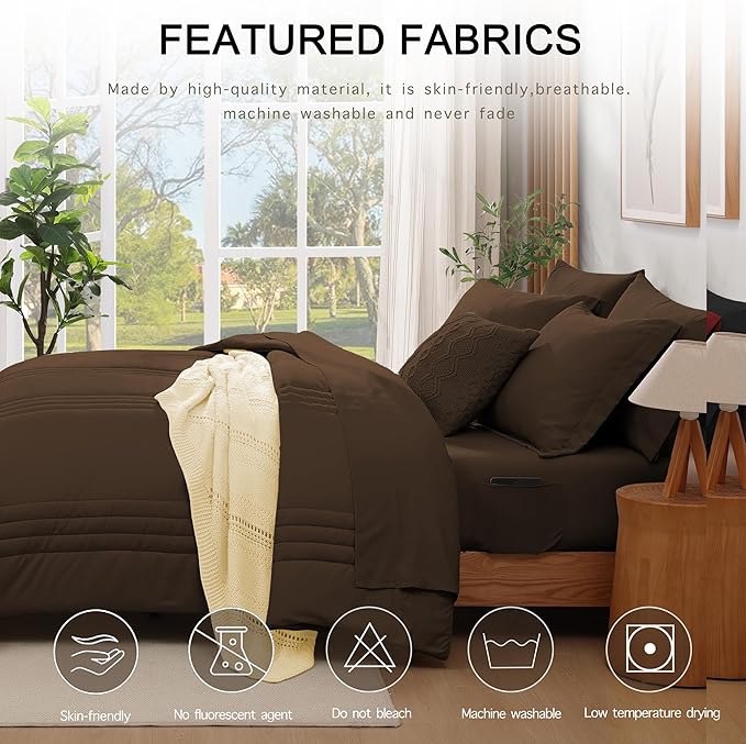 Monbix Queen Comforter Set - 7 Pieces Chocolate Brown Bed in a Bag Queen Bedding Sets with Comforters, All Seasons Comforter Bed Set with Sheets, Pillowcases & Shams
