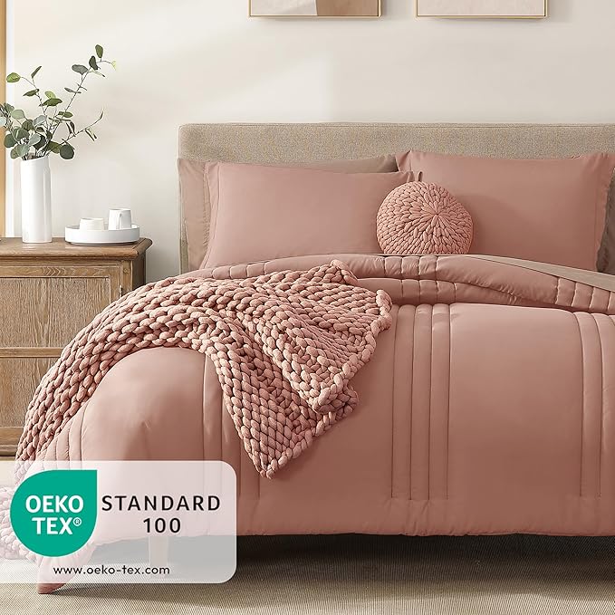 Monbix Queen Comforter Set - 7 Pieces Clay Pink Bed in a Bag Queen Bedding Sets with Comforters, All Seasons Comforter Bed Set with Sheets, Pillowcases & Shams