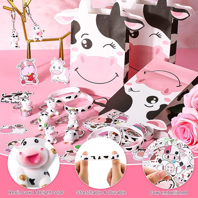 86 Pcs Cow Party Favors Supplies Include Cow Keychains Cow Silicone Bracelets Cow Party Paper Bags Treat Bags Cow Vinyl Stickers for Girls Kids Cow Farm Animals Cowboy Birthday Party Supplies