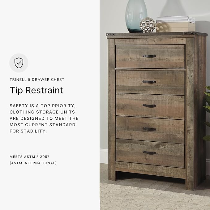 Signature Design by Ashley Trinell Rustic 5 Drawer Chest of Drawers with Nailhead Trim, Warm Brown