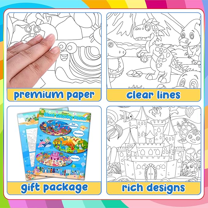 3Pack Giant Coloring Poster, Large Coloring Poster for Kids, Dinosaur, Mermaid, and Sea Animal Huge Big Coloring Page Craft with for Classroom Home Coloring Activities Birthday Gifts Party Favors