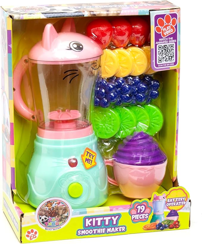 Boley Zoo Troop: Kitty Smoothie Maker - 19 Pieces - Animal Themed Kitchen Playset, Battery Operated Toy Appliance, Food & Cooking Accessories, Kids Ages 2+