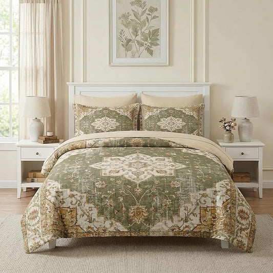 Comforter Set King Size, Vintage Medallion 7 Pcs Bedding for Kids and Adults, Sage Boho Bed Sheet Sets with Fitted Sheet 2 Pillowcases & 2 Shams for Bedroom Bed Decor