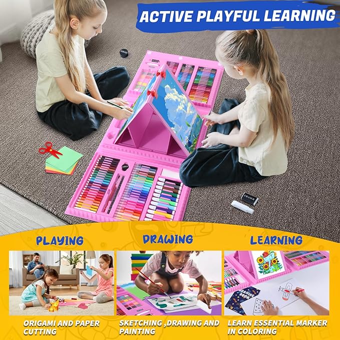 All in One Art Supplies, Art Kit Includes Easel, Origami Paper, Colored Pencils, Crayons, Drawing Book, Coloring Book, Watercolor Pens, Markers and Oil Pastels, Gifts for Girls Boys Teens, Pink