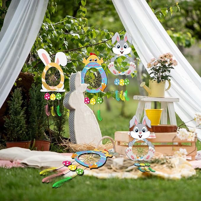 Fennoral 5 Pack Easter Dream Catcher Craft Kit for Kids Paint You Own Bunny Chick Dream Catcher Ornament DIY Coloring Wooden Easter Art and Craft for Art Activity Project Easter Decoration