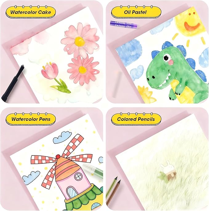 KIDDYCOLOR Kids Art Set, Drawing Art Supplies for Girls & Boys Ages 4-8 with Watercolor Cakes, Oil Pastels, Colored Pencils, Ideal Gift for Young Artist, Pink-87pcs