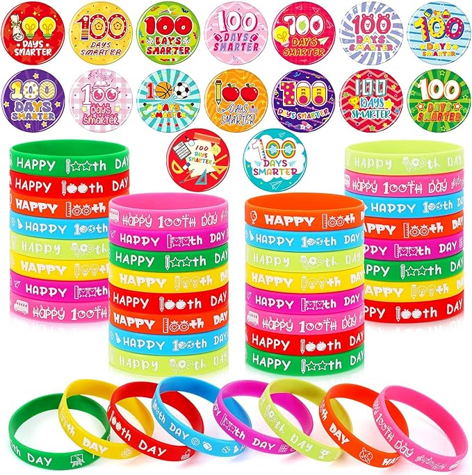 64PCS 100 Days of School Party Favors 32pcs 100 Days Smarter Button Badges Pins and 32pcs Silicone Bracelets for Happy 100th Day of School Activities Party Decorations Goodie Bag Fillers
