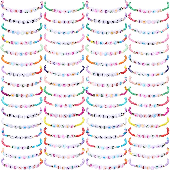 64 Pcs Kids Friendship Beaded Bracelets for Girls Jewelry Letter Beads Bracelets Bulk Colorful Cute Stretchy Rainbow Princess Dress up Gifts(Lovely)