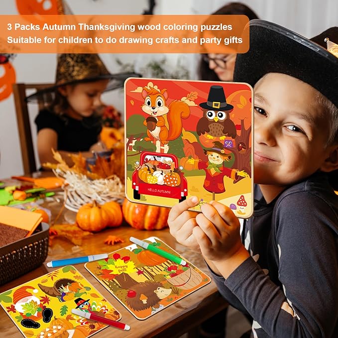 Fall Thanksgiving Wooden Puzzles for Toddlers Autumn Puzzles Coloring Craft Kits for Kids Boys Girls Montessori Toys Harvest Party Favors Treat Bag Gifts Educational Learning Jigsaw Puzzle, 3 Pack