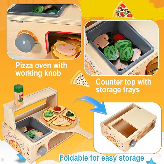 50 Pcs Wooden Pizza Toy, Montessori Pretend Play Toys, Wooden Pizza Counter Playset with Bake Oven, Play Food and Accessories, Cooking Pretend Play Toys for Boys Girls Age 3+