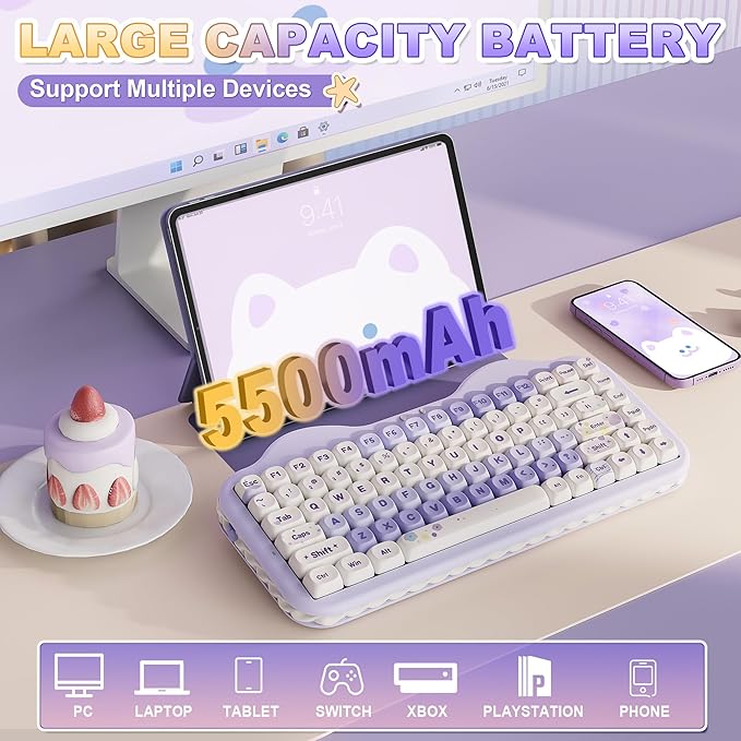 YUNZII C75 Wireless Mechanical Keyboard,75% Layout, Hot-Swappable NKRO,BT5.0/2.4G/USB-C Mode,Dye-Sub PBT MOA Keycaps,RGB Gasket Mount,Cute Cake Design for Mac/Win/Gaming (Purple, Candy Switch)