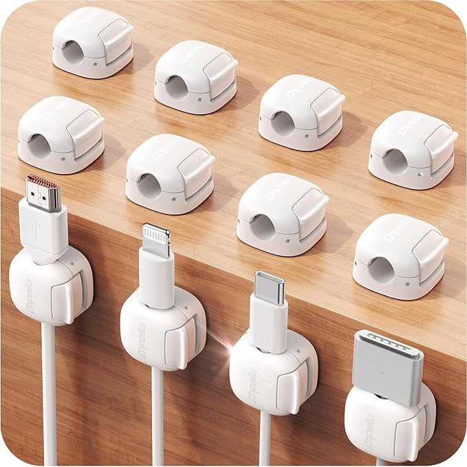 12Pack Cord Organizer, Chfeila Compact Dual Spring & Clasp Lock Cable Management Clips, Adhesive Phone Charger Keeper, Wire Holder for Nightstand/Car, Home Office Desk Accessories Decor Essentials