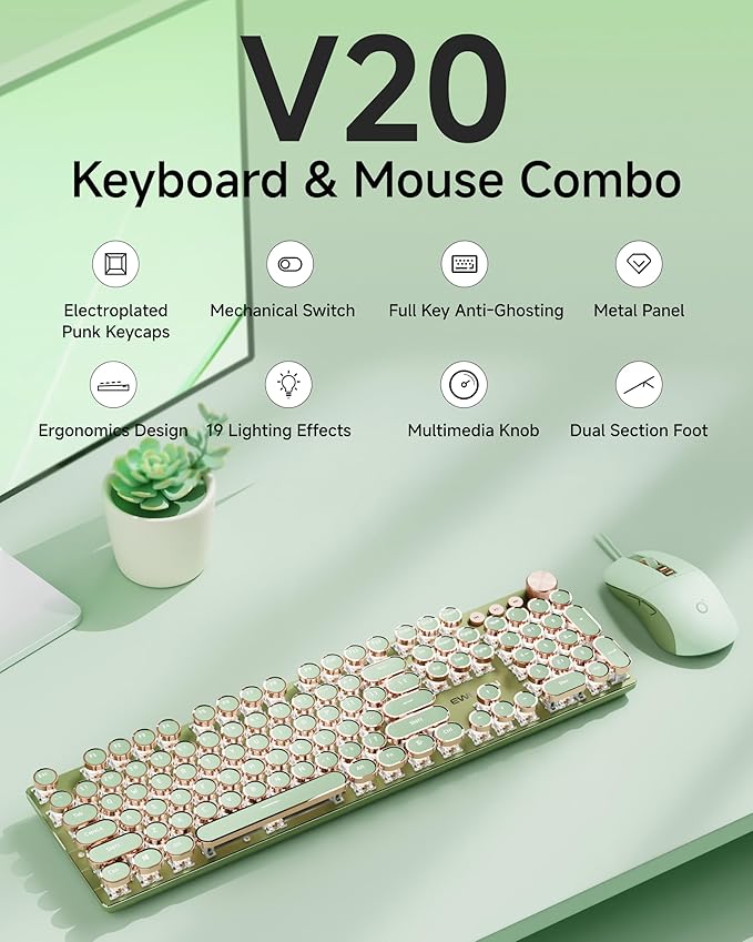 EWEADN Wired Typewriter keyboard and Mouse Combo, Typewriter Style Mechanical Gaming Keyboard,104 Keys Backlit LED Keyboards, Media Control Knob, Wired Keyboard Pink Switch for Windows/Mac/PC-Green