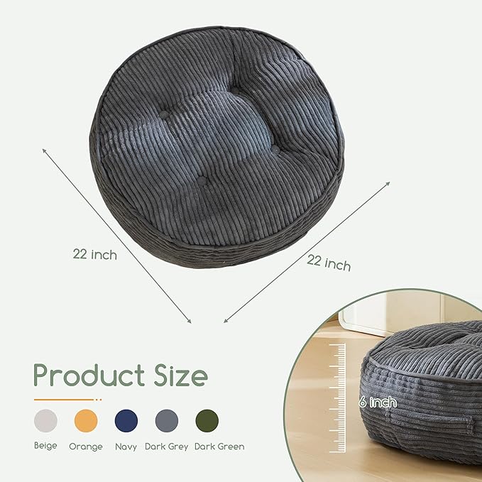 6" Washable Floor Pillow Cushion for Adults, Meditation Cushion Pillow, Large Round Floor Sitting, Removable Tufted Corduroy Cover, for Tatami Living Room or Yoga, 22x22 Inch, Machine Washable