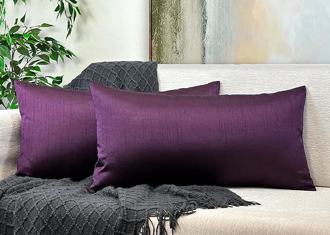 Aiking Home 12x24 Inches Faux Silk Rectangular Throw Pillow Cover, Zipper Closure, Eggplant (Set of 2)