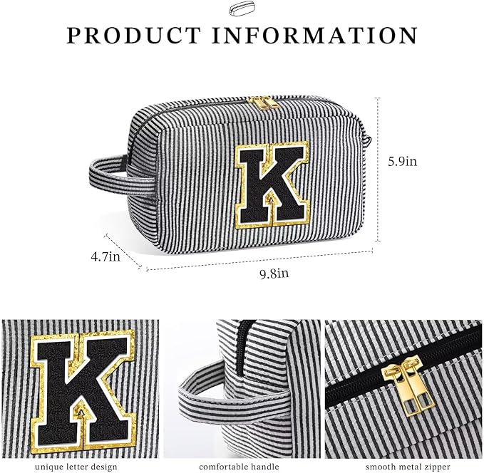 YOOLIFE Gifts for Women Teen Girls Kids - Initial Makeup Bag Cosmetic Case Toiletry Pouch, Birthday Gifts for Women Friends Sister Teacher, Black K