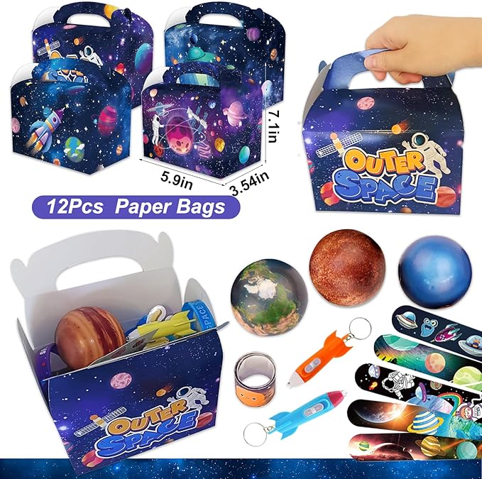 Bluegogo 151Pcs Space Party Favors, Space Birthday Party Decorations Include Stress Ball Bracelet Tattoo Stickers Stamp, Necklace, Rocket Keychain Gift Box for Kids Space Party Supplies