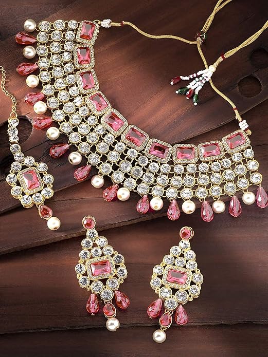 Aheli Kundan and Simulated Colored Stones Indian Ethnic Maang Tikka Necklace and Earrings Set Bollywood Festive Statement Jewelry Gift for Women