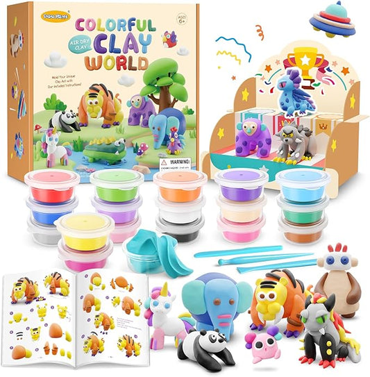 Air Dry Clay Kit for Kids - Comes with Instructional Guide Featuring 4 Scenes & 26 Projects Tutorials, 18 Cans of Modeling Clay, Includes Display Stand, Gift for Girls and Boys