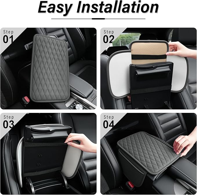 Amiss Car Center Console Cover, Upgraded Leather Car Armrest Cushion with 2 Storage Pockets, Universal Waterproof Cushion Pad, Non-Slip Car Interior Accessories, Fits Most Sedans SUVs Trucks (Gray)