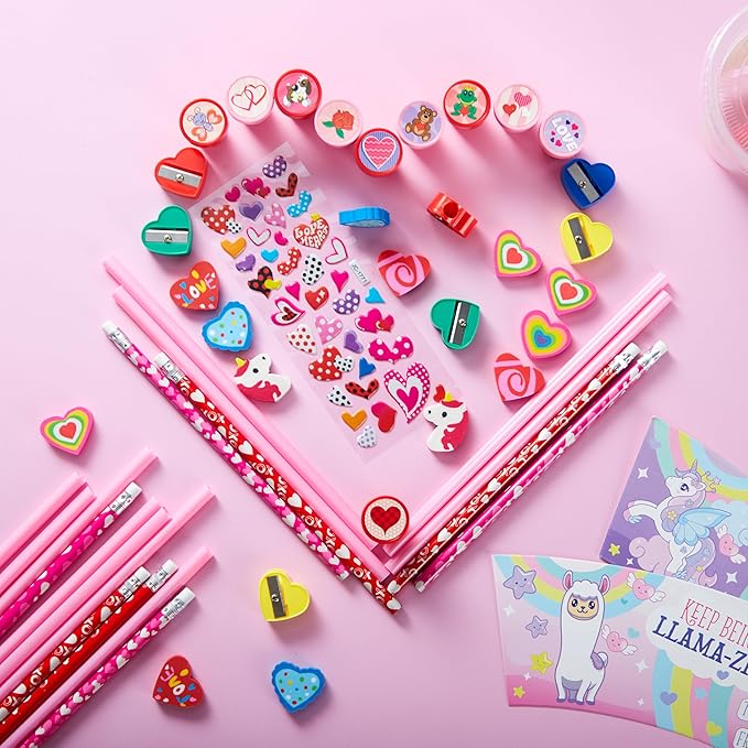 JOYIN 28 Packs Valentine's Day Stationery with Cup and Card, Exchange Gift for Kids with Pencils Stickers Erasers Stampers Sharpener, Holiday Reward Prizes
