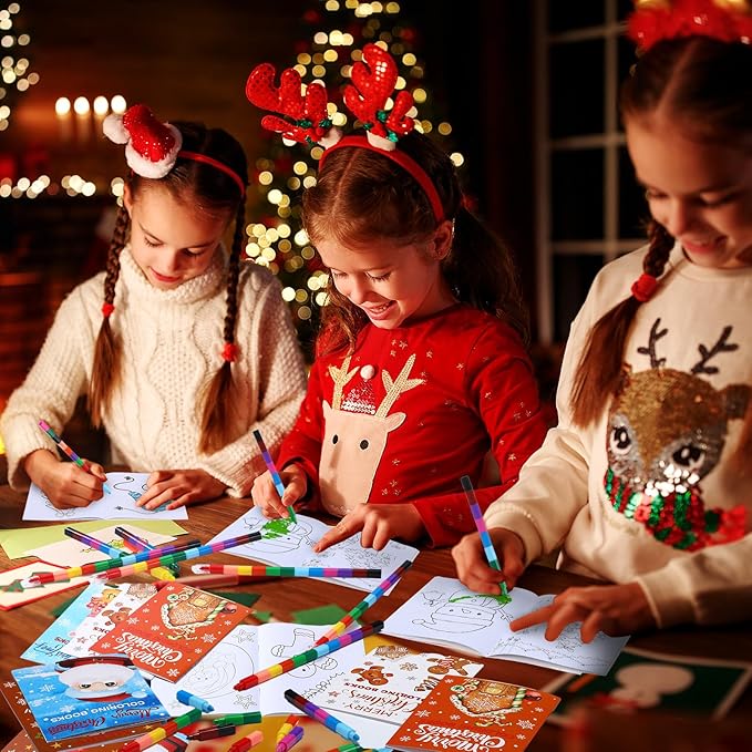 Funrous 24 Pcs Christmas Coloring Book for Kids Bulk with 24 Crayons, Christmas Activity Books with Marker Xmas Stocking Goodie Bag Stuffers for Holiday Students Classroom Gifts Party Favors (Lovely)
