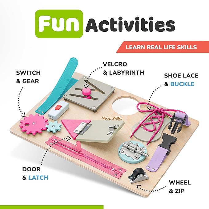 Busy Board Montessori Toys for Toddlers, Sensory Wooden Toy with 10 Preschool Learning Activities for Fine Motor Skills, Educational Plane and Car Travel Toy for Toddlers Boys and Girls