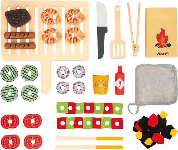 Janod - J06619 Wooden Barbecue - Imitation Kitchen and Dinette Toy for Children - 57 Accessories Included - 2 Silent Wheels - Ages 3 and Above