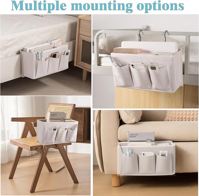 Bedside Caddy / Bedside Storage Organizer Hanging Bag with Three Options,Suitable for home beds, sofas, and dormitory beds—can hold magazines, books, phones, iPads, remote controls. (2-Pack White)
