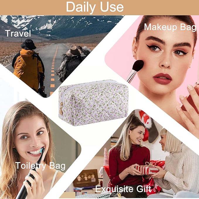 HHQQWZ Makeup Bag Travel Cosmetic Bag for Women Girls, Zipper Make Up Pouch, Floral Flowers Toiletry Organizer Makeup, Portable Storage Cosmetic Travel Cloth Bag (Purple Floral)